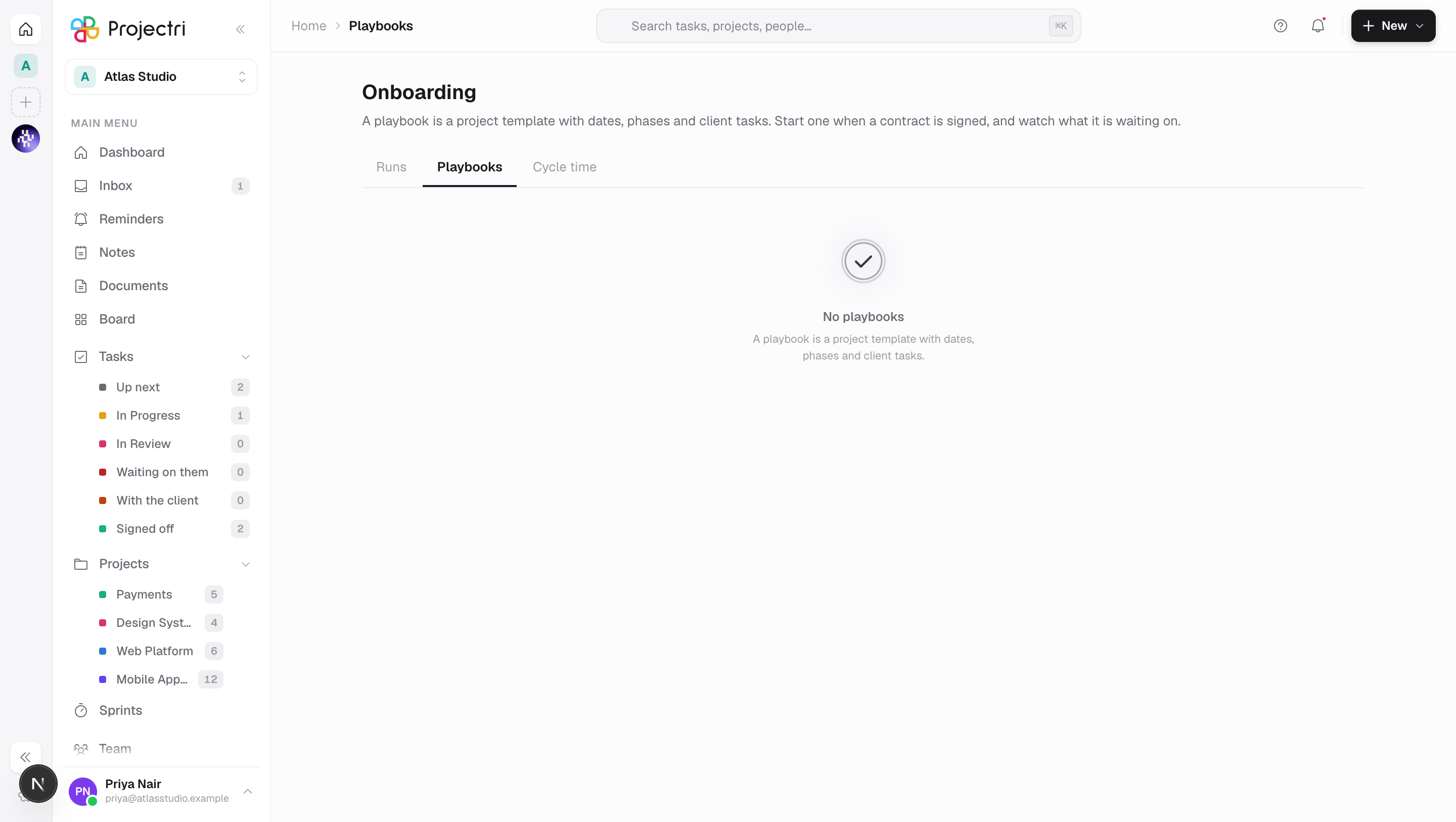 A screenshot of Onboarding playbooks in Projectri